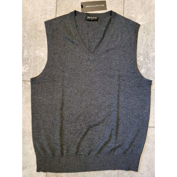 New Kallspin Wool Blend Gray V Neck Sweater Vest Sz L Grandpa - Picture 1 of 5